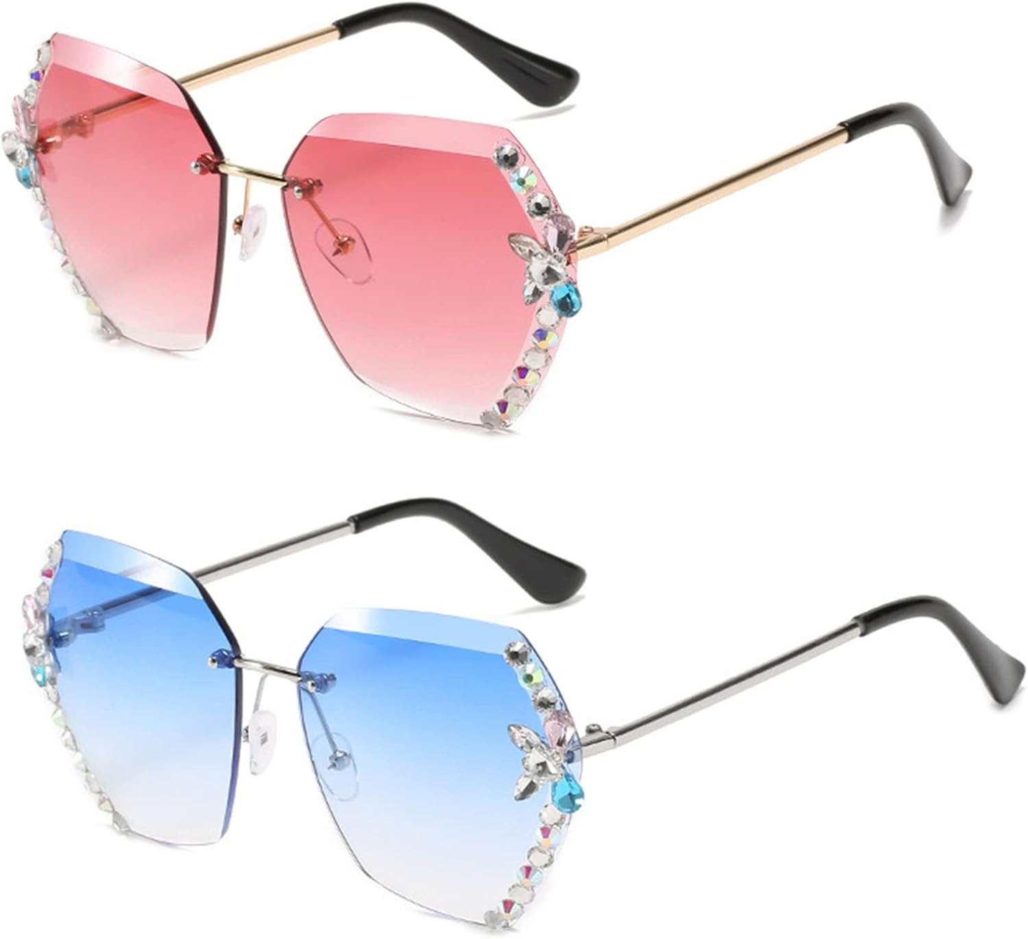 

Солнцезащитные очки Willochra для женщин без оправы с бриллиантами, увеличенные солнцезащитные очки без оправы с градиентными линзами с алмазной огранкой и защитой от УФ-излучения, 2pcs-blue&pink