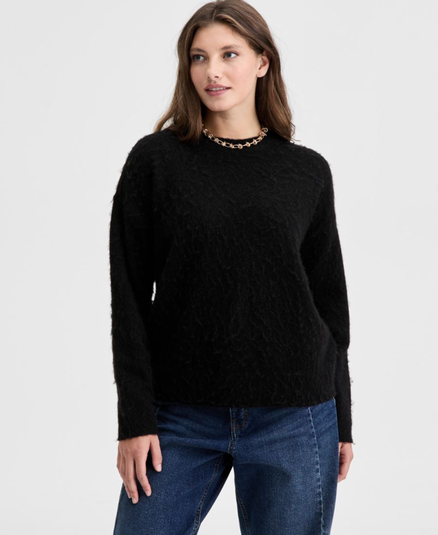 

Женский свитер свободного кроя с круглым вырезом из ворсистой ткани, эксклюзивно представлен в Macy's On 34th, Deep Black