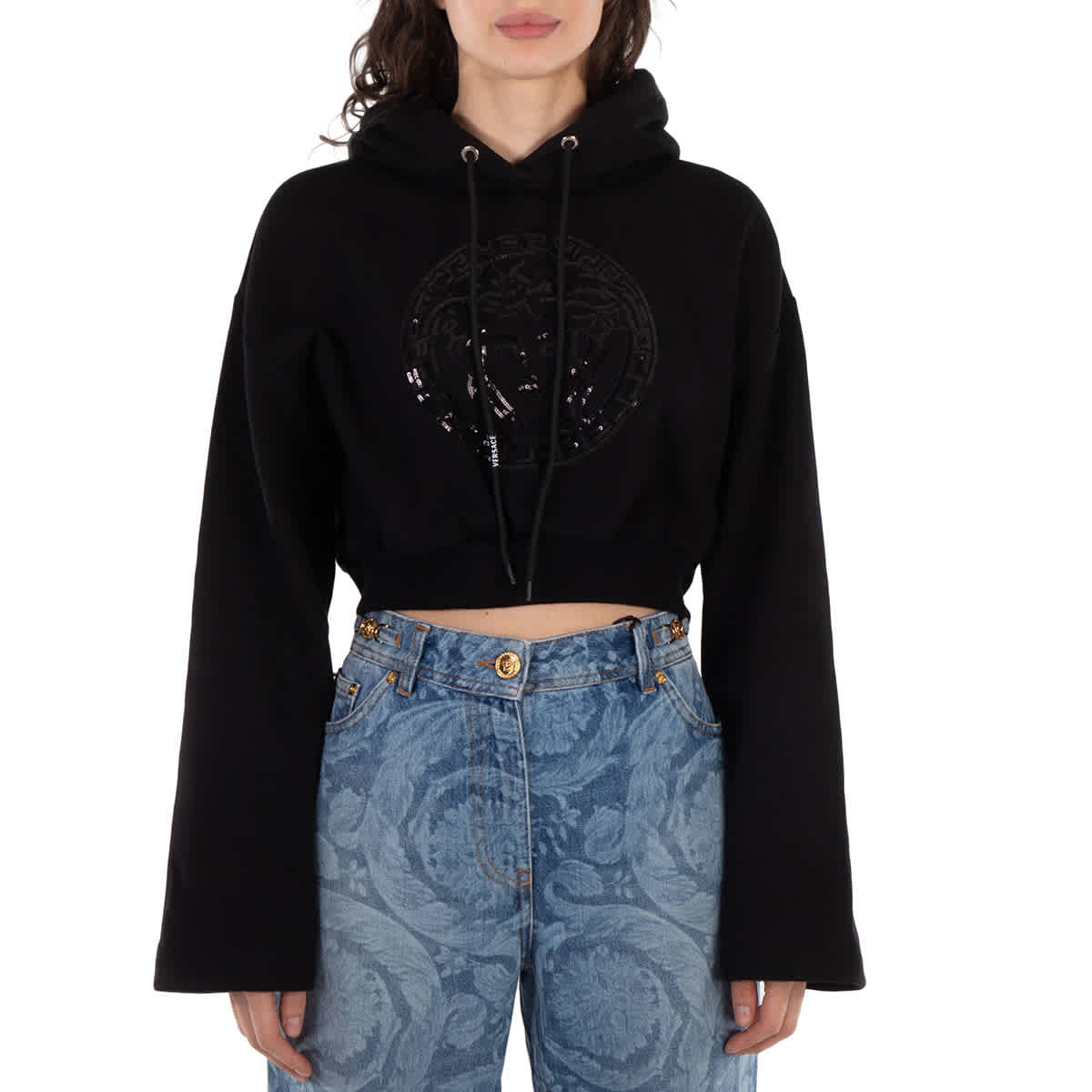 

Versace Medusa Head-Embellished Cropped Hoodie, черный