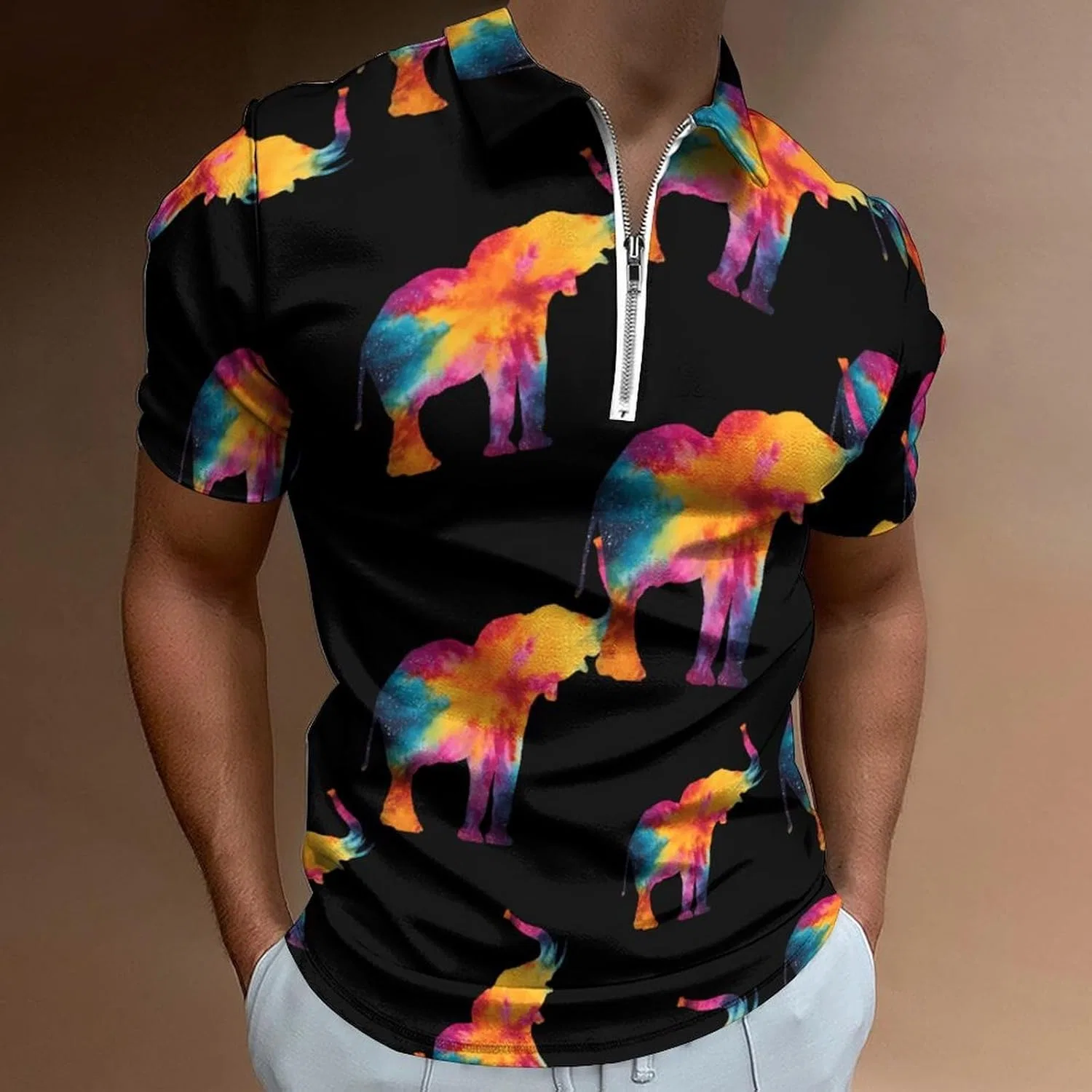 Мужское поло с коротким рукавом, полузастежка на молнии, Generic, Tie-Dyed Elephant, Style — фото 2