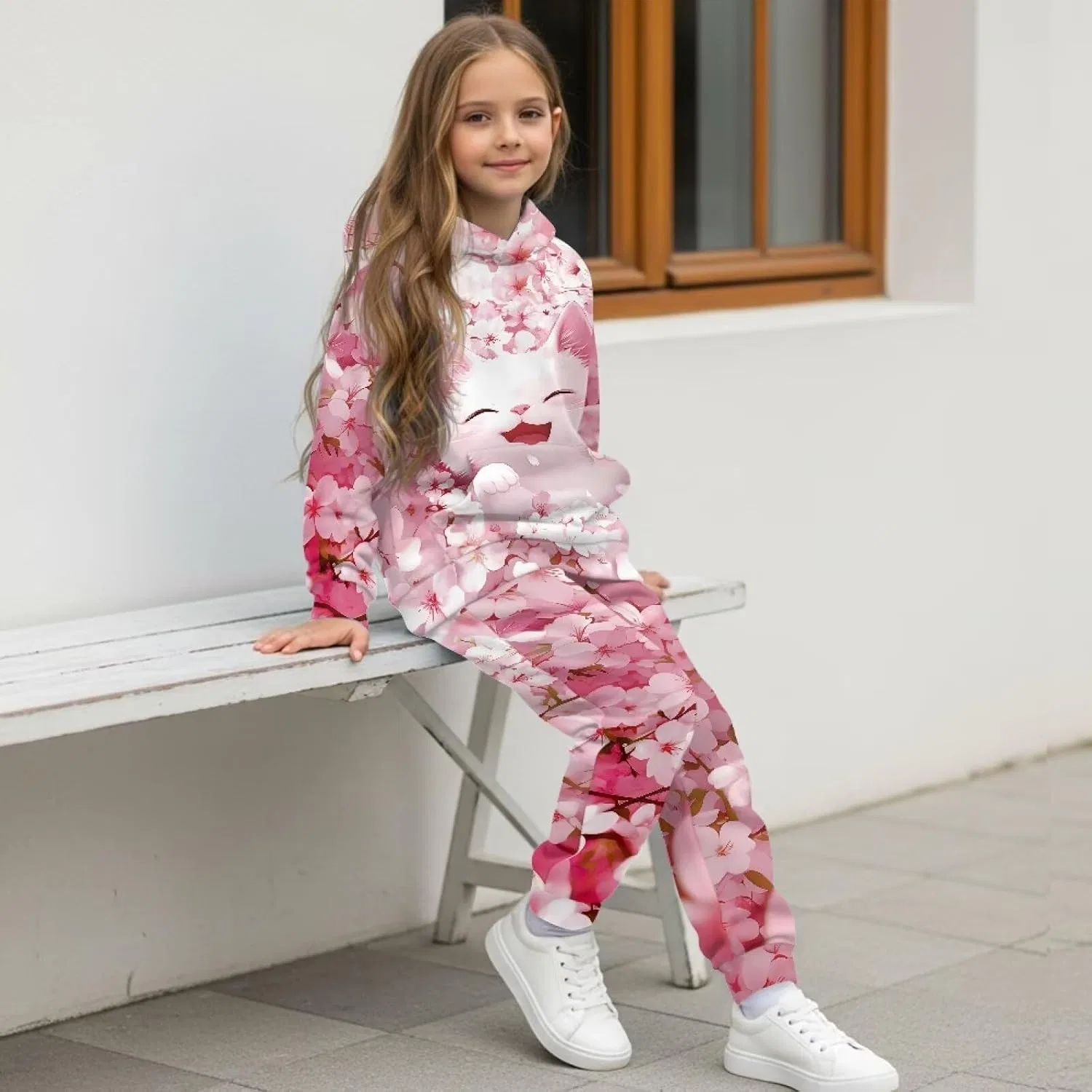 Детский спортивный костюм с капюшоном Pensura, 2 шт, Pink Cherry Blossom Cat — фото 4