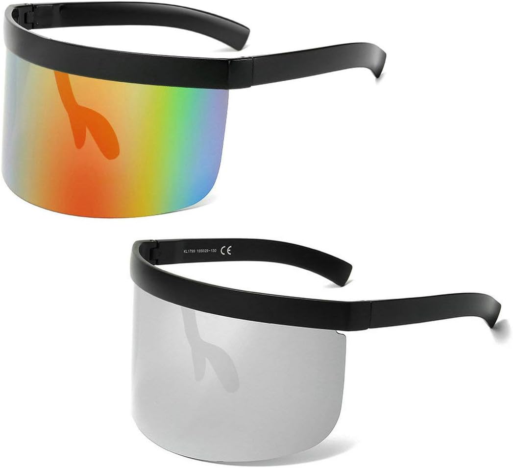 

laureles 2Pack Mix Футуристические солнцезащитные очки большого размера с козырьком для женщин, зеркальные очки с плоской верхней частью, песочного цвета, солнцезащитные очки для мужчин, 2pcs-multicoloured&silver