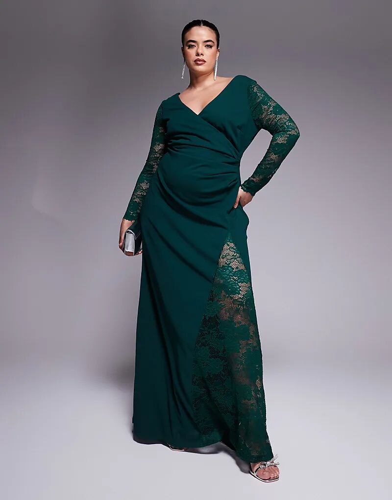 

Платье макси Goddiva Curve с ажурным кружевом и запахом изумрудного цвета