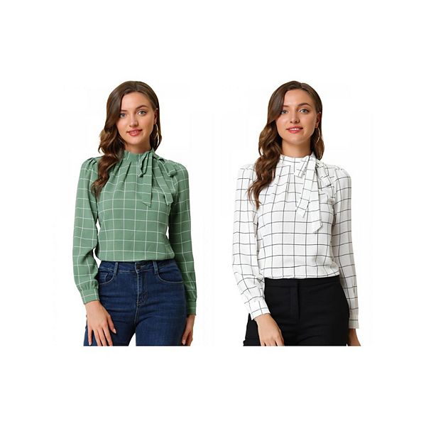 

2 упаковки женских блузок с бантом и клетчатым принтом для офиса Inspire Chic, Green White