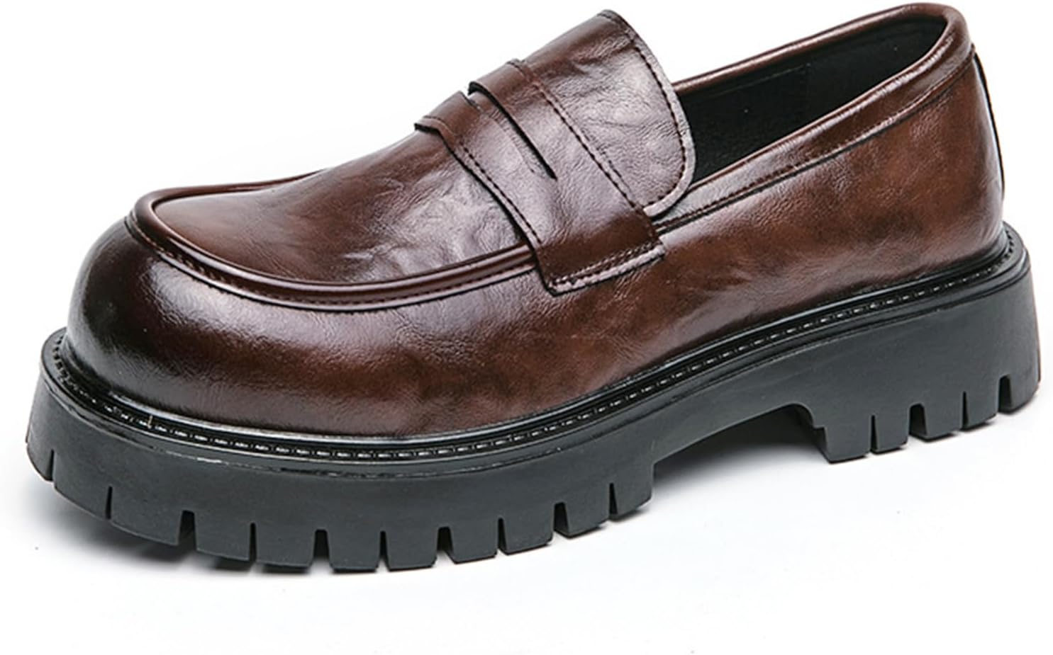 

Мужские удобные мягкие кожаные лоферы на платформе с массивной подошвой, модные деловые повседневные формальные туфли, ретро с круглыми носками, противоскользящей подошвой, без шнурков, пенни-лоферы Galonfulty, коричневый