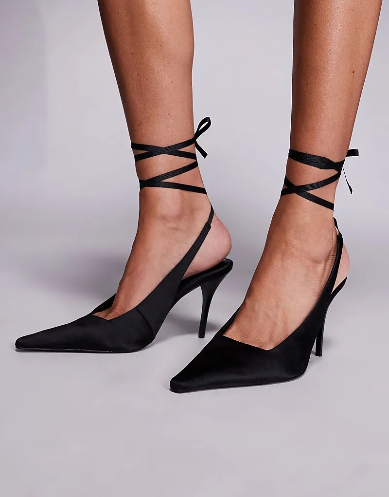Туфли Pascha с завязками на высоком каблуке из черного атласа ASOS DESIGN