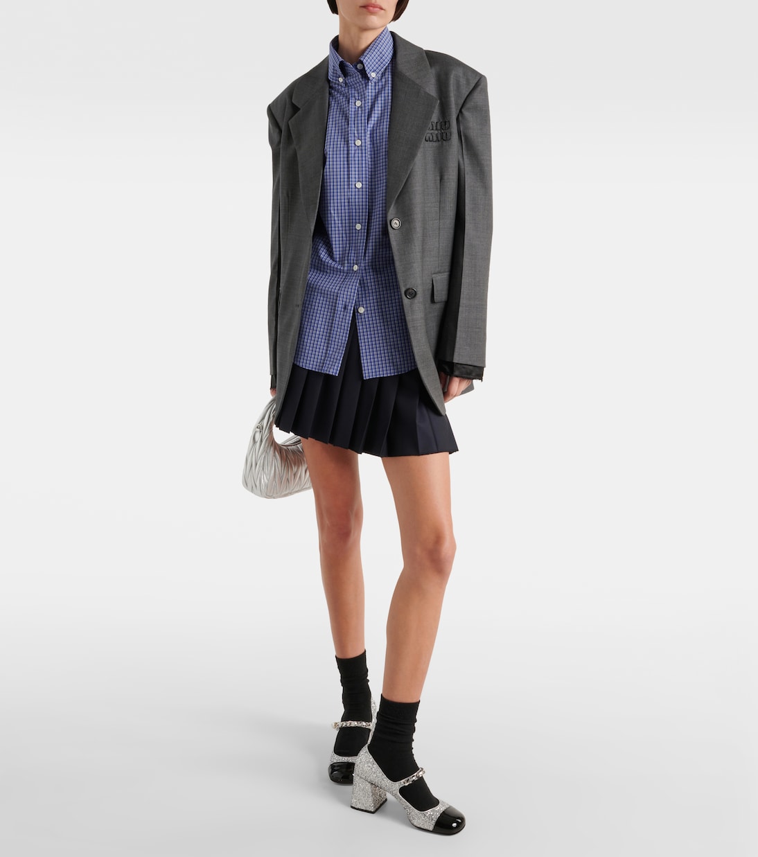 Рубашка из хлопкового поплина с логотипом Miu Miu, Azzurro — фото 2