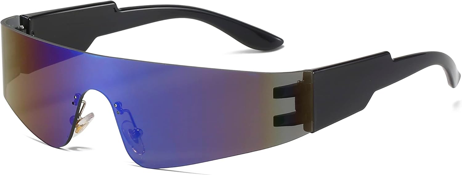 

Модные солнцезащитные очки без оправы, обтекаемой формы, для женщин и мужчин, в стиле киберпанк, Y2K, футуристические зеркальные очки AZ9597 Azoxus, Blue Mirrored Lens