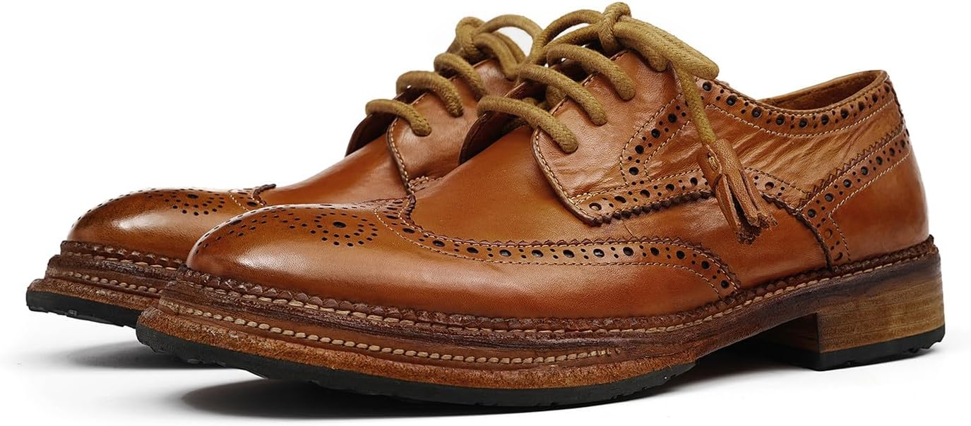 

Мужские броги-окфорды Santimon Wingtip из конской кожи - формальные туфли ручной работы с конструкцией Goodyear-Welt, дышащая кожаная подкладка для делового стиля и свадеб, коричневый