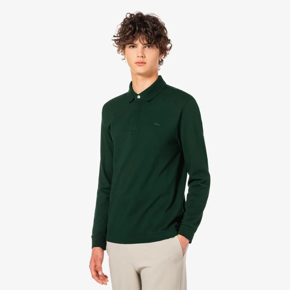 Мужская длинная футболка-поло Paris глубокого зелёного цвета от Lacoste — фото 4
