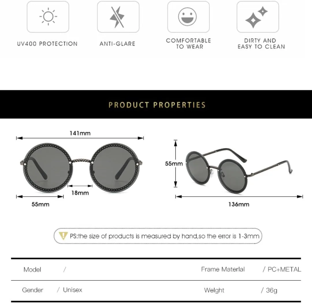 

Роскошные круглые солнцезащитные очки без оправы с металлической цепочкой для женщин, круглые солнцезащитные очки с градиентным покрытием VVTWSSW, Red Pink