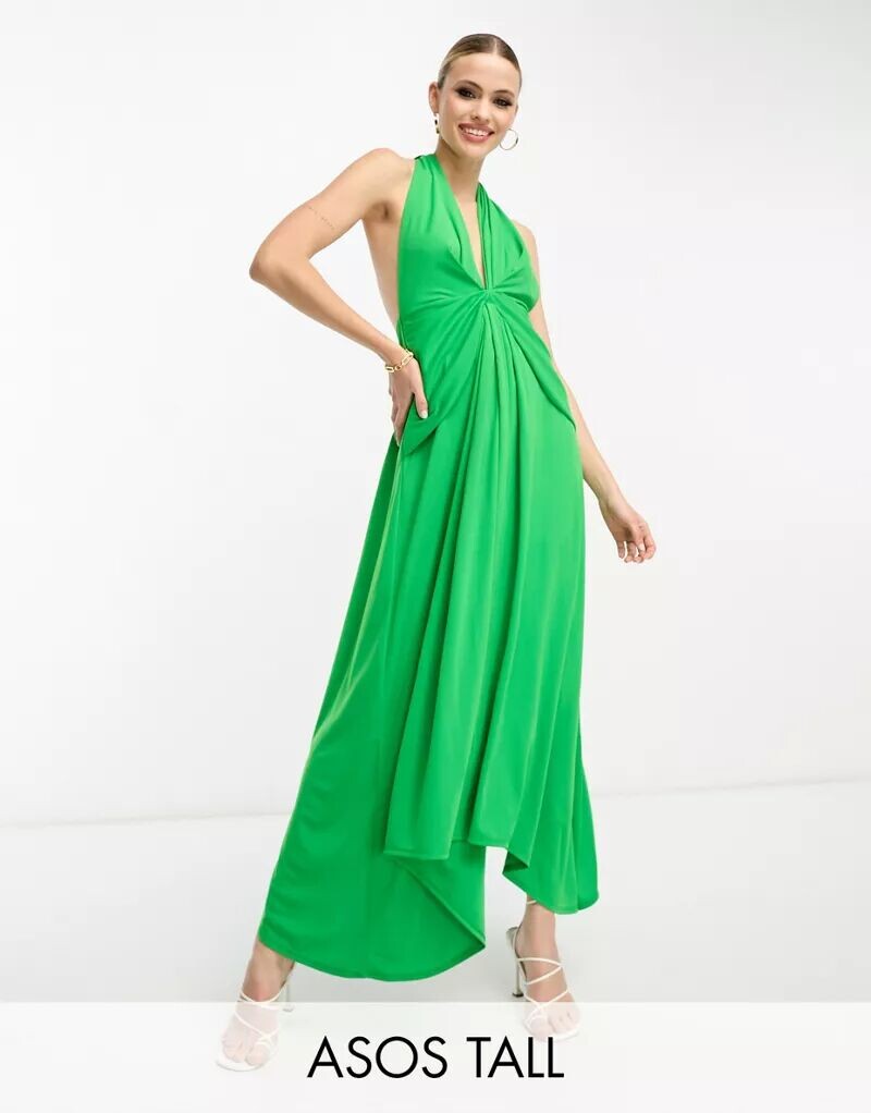 

Зеленое платье миди с глубоким вырезом и поясом ASOS DESIGN Tall