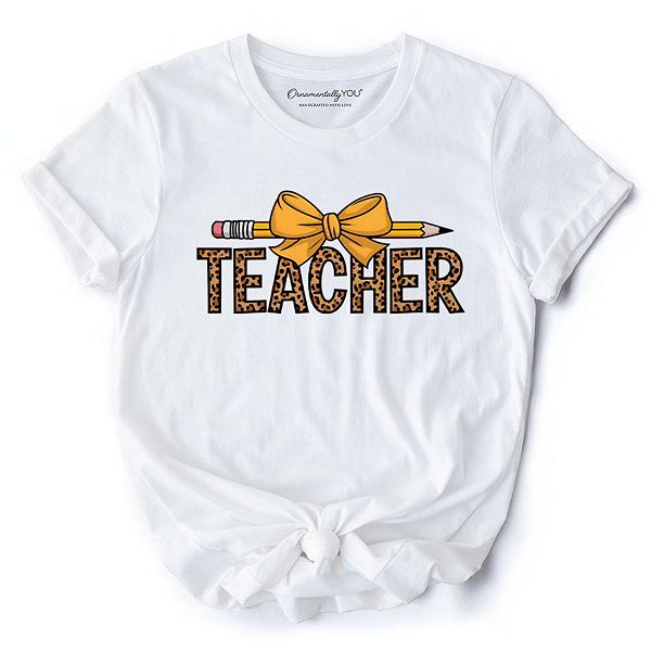 

Футболка Teacher leopard pencil с бантом в стиле ретро для учителей Ornamentallyyou, White