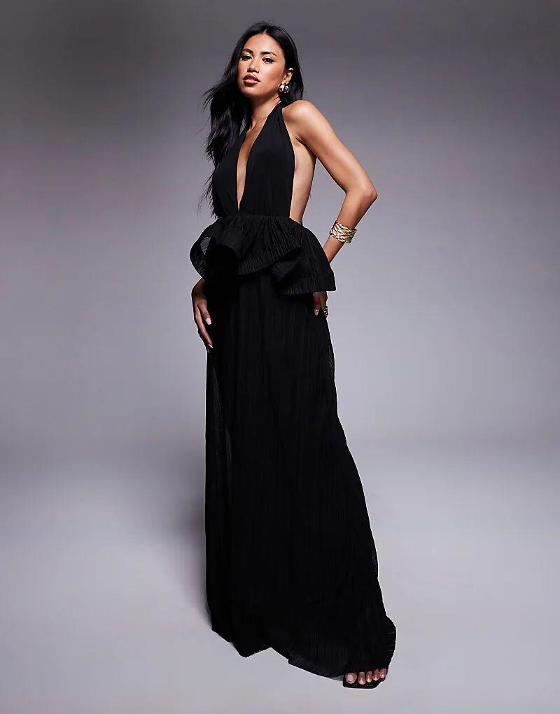 

Платье макси ASOS DESIGN Premium с глубоким вырезом и баской на проволочной отделке, черное