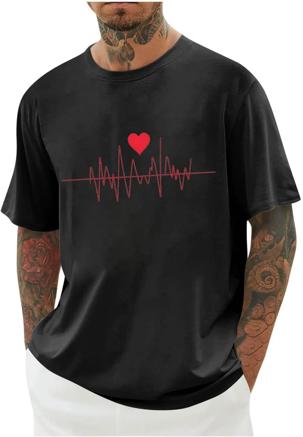 

Футболка с принтом в виде сердца для мужчин, Casual, Crew Neck, короткий рукав