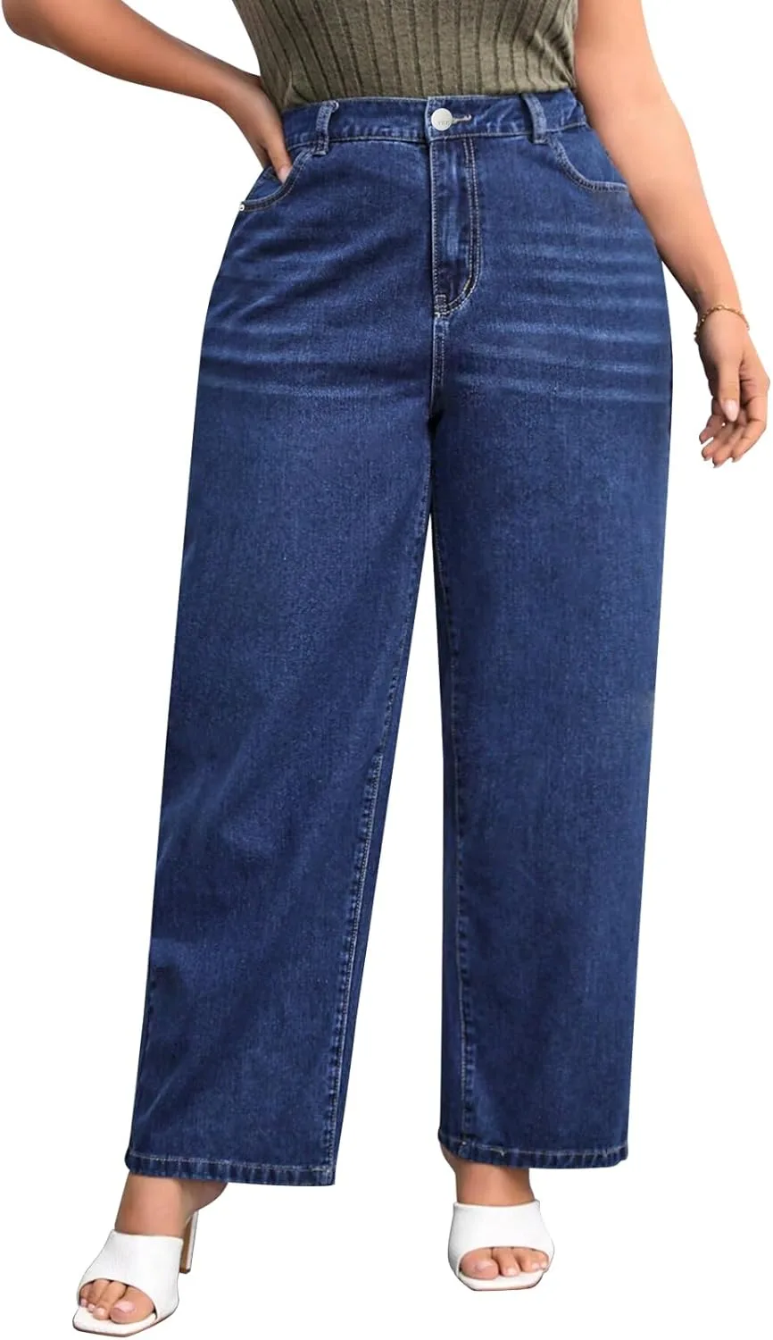 

Джинсы Plus Size Wide Leg для женщин High Waist, эластичные, темно-синие TAOYIZHUAI