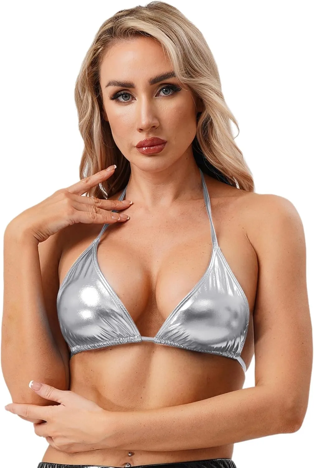 

CHICTRY женский топ-бралетт треугольный с металлическим блеском и завязками на шее