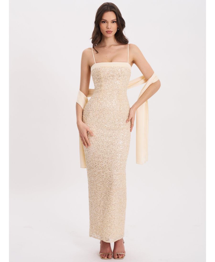 

Женское облегающее платье Raizel с золотой вышивкой бисером и пайетками, в комплекте со шарфом Miss Circle, Gold