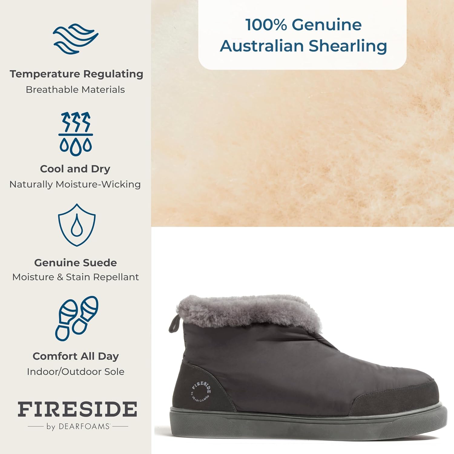 Зимние ботинки Dearfoams для мужчин Fireside из нейлона с австралийской шерстяной подкладкой, водоотталкивающие, для отдыха после зимы, серый — фото 3