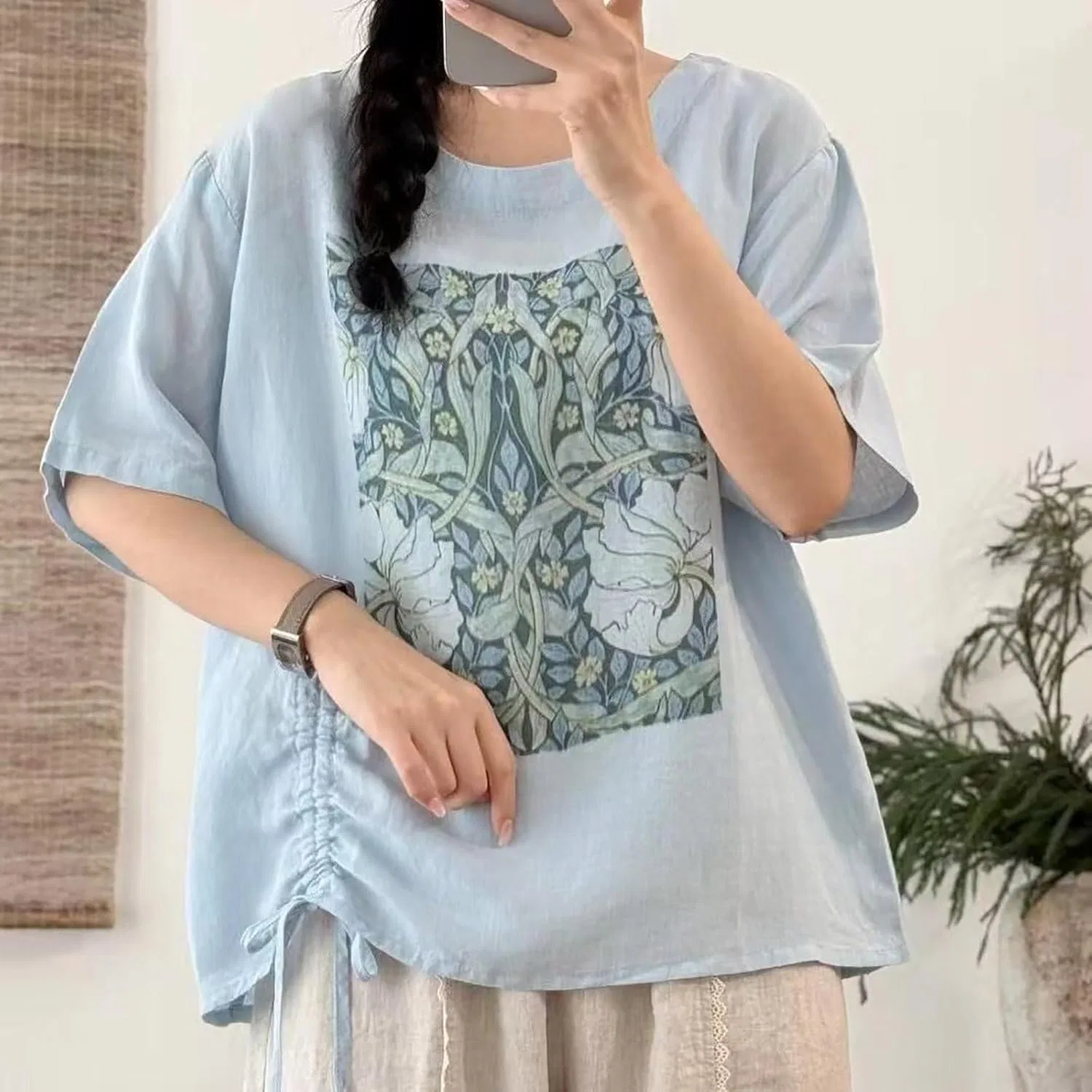 Футболка, хлопок и лен, женская, Oversize, светло-синий — фото 2