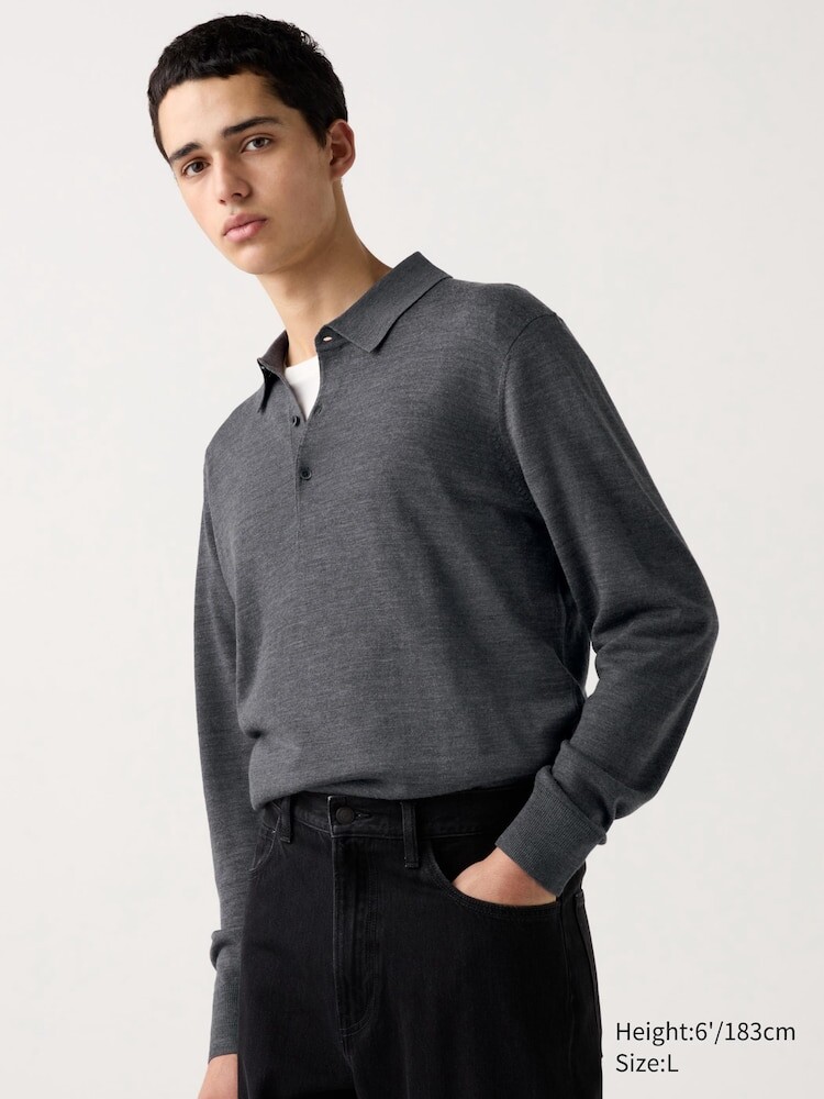 

Рубашка поло из мериносовой вязки Uniqlo, цвет 07 серый