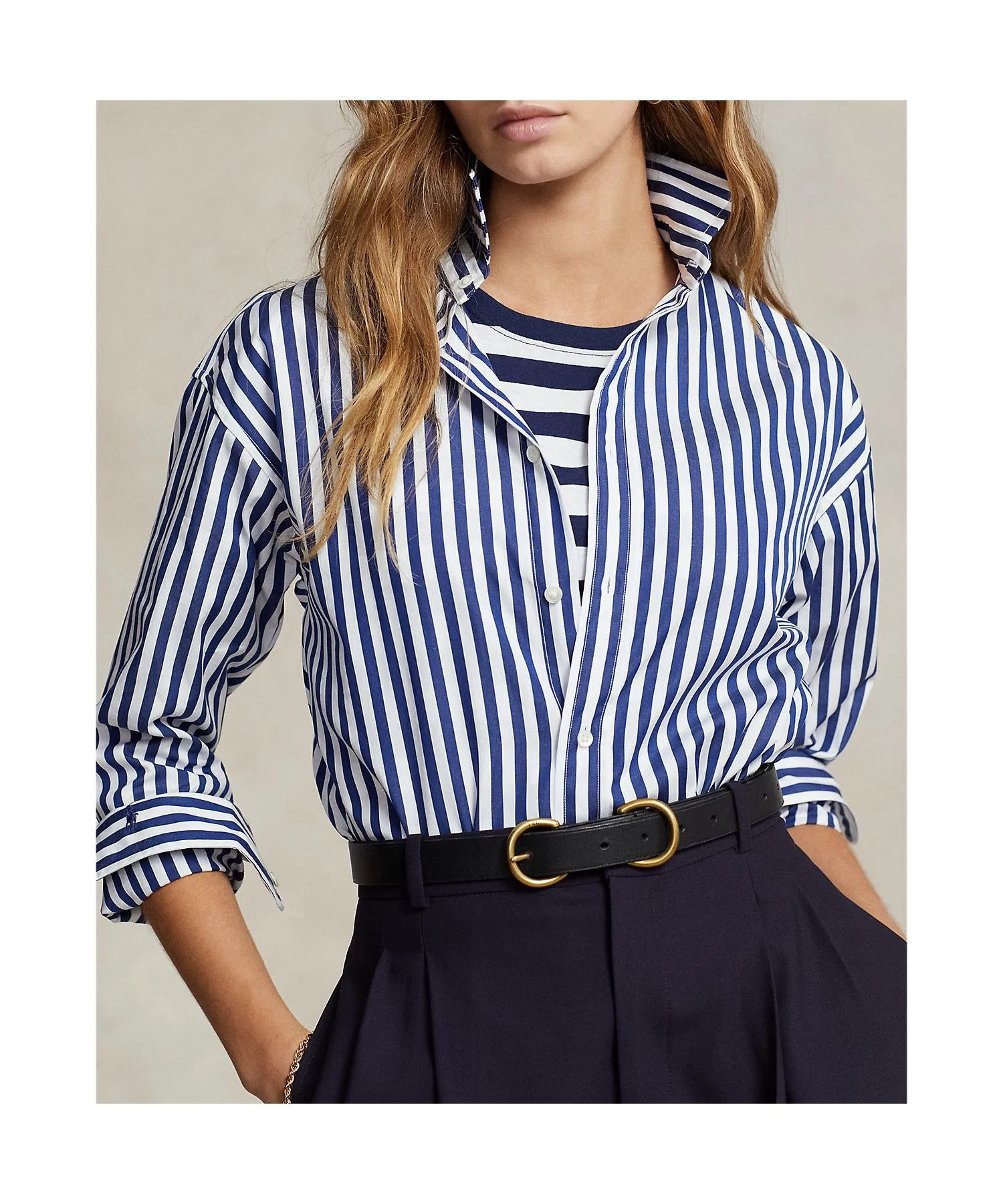 Хлопковая рубашка свободного кроя с контрастными полосами Polo Ralph Lauren, 400 Blue — фото 4