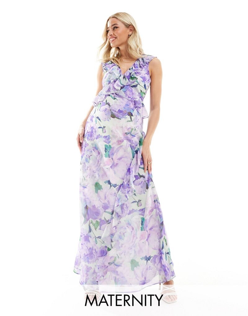 

Hope & Ivy Maternity – сиреневое платье макси с запахом и оборками в цветочном узоре