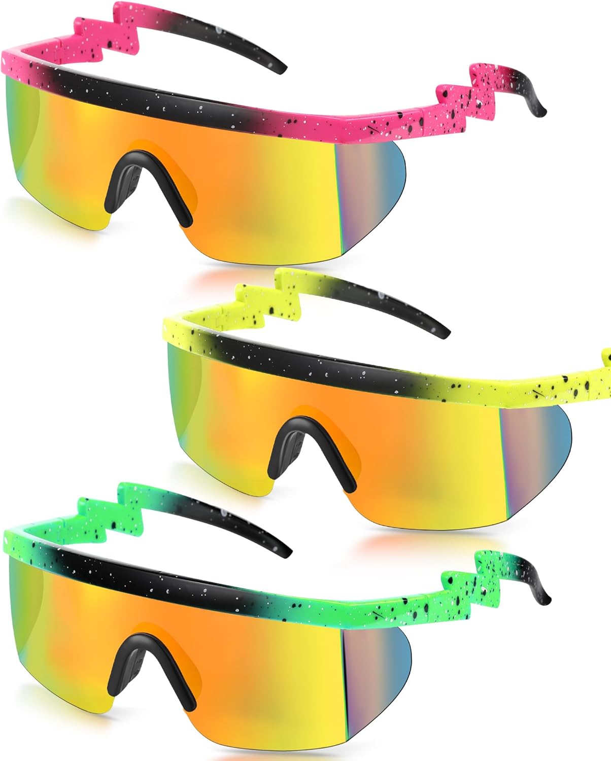 

Frienda 3 пары ретро-солнцезащитных очков без оправы в стиле 80-х и 90-х, зигзагообразные солнцезащитные очки с цветными прозрачными линзами для мужчин и женщин, Classic Color