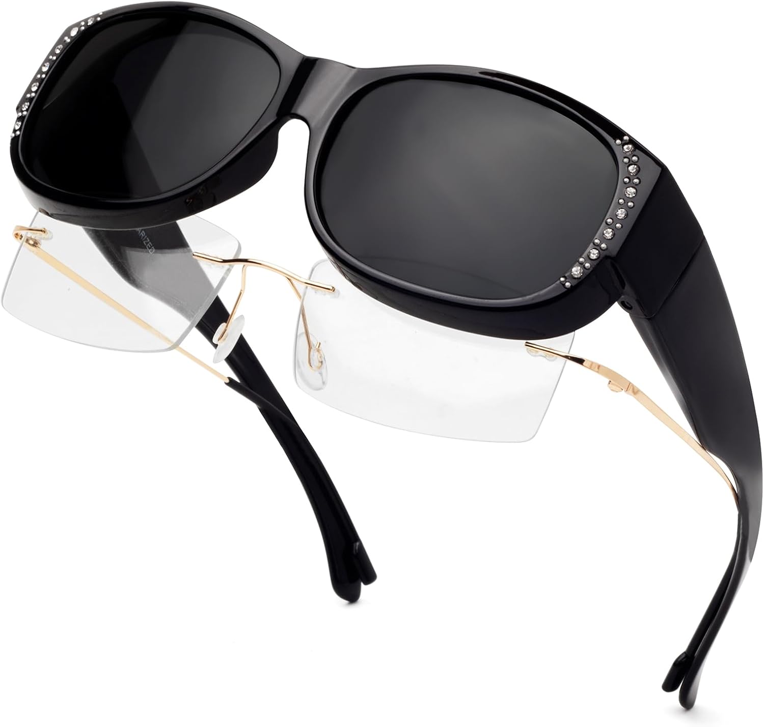 

Солнцезащитные очки с поляризованным покрытием, надеваемые поверх обычных очков, женские солнцезащитные очки с защитой от УФ-излучения, легкие Face Shadow, M Black Rhinestone Frame / Grey Lens