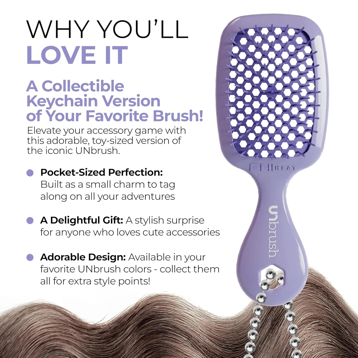 Брелок-расческа FHI Heat UNbrush Super Mini - коллекционный миниатюрный аксессуар для сумок и ключей - для любительниц красоты., Lilac — фото 2