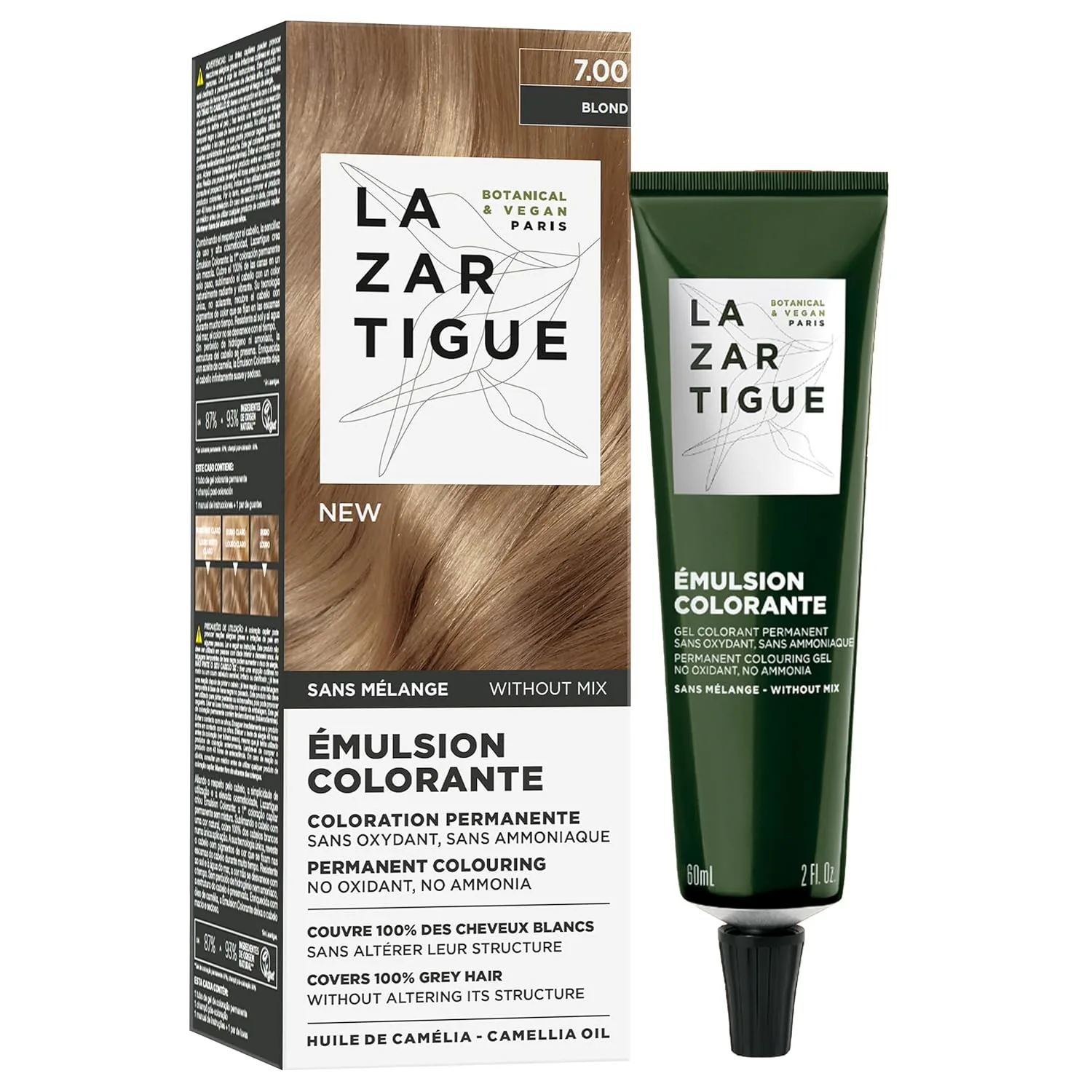 Краска для волос Lazartigue Emulsion Colorante, стойкая краска без аммиака, 100% закрашивание седины, с маслом камелии, веганский продукт, 57 мл - не требует смешивания, готова к применению., LAZARTIGUE Emulsion Colorante 7.00 Blond