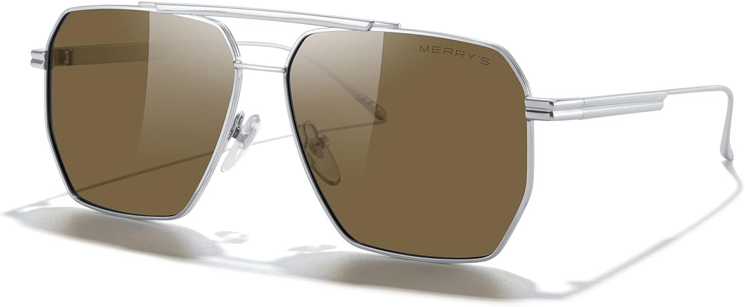

Большие поляризованные квадратные солнцезащитные очки MERRY для женщин и мужчин, винтажные ретро-очки, защита от УФ-излучения UV400, классические большие металлические солнцезащитные очки MERRY'S, Silver Frame/Brown Lens