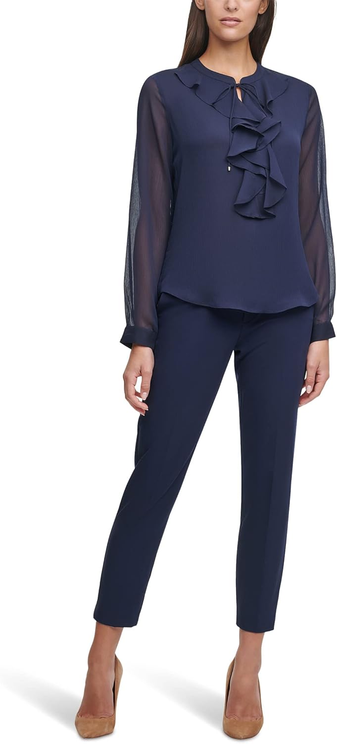 Женская блузка Tommy Hilfiger с длинным рукавом и оборкой спереди, Midnight — фото 4