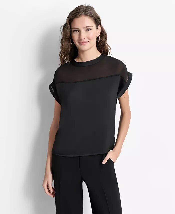 

Женская блузка с удлиненными плечами, смешанная техника DKNY, черный