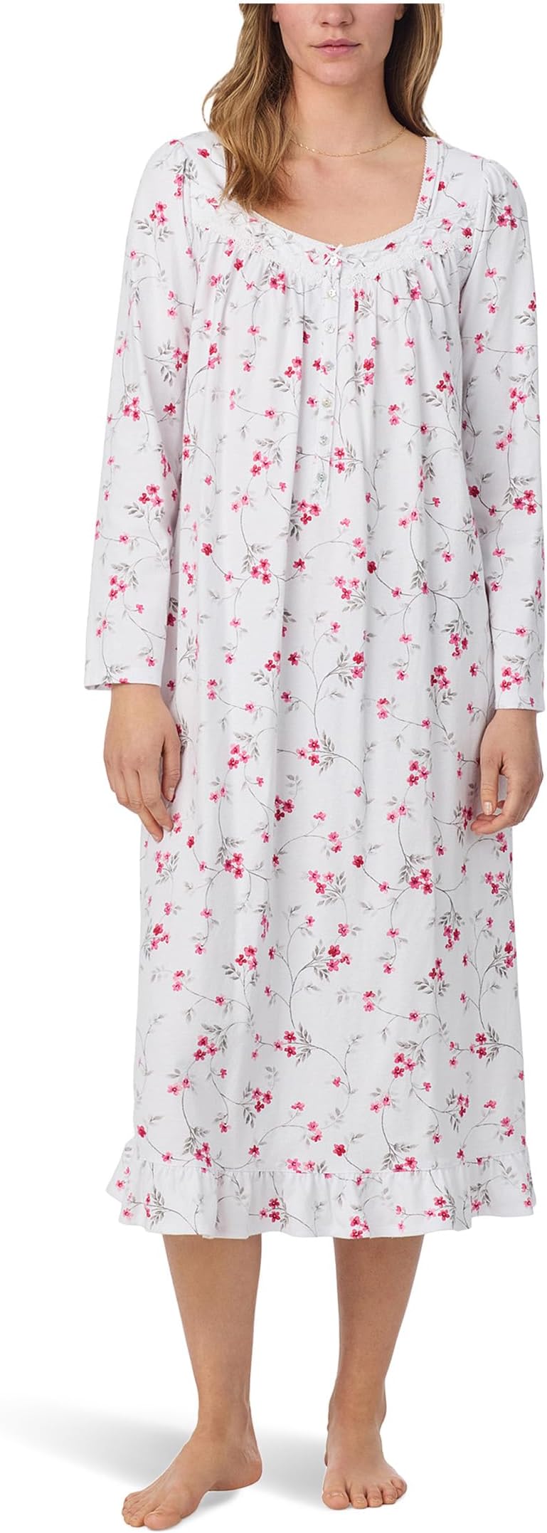 

Женская хлопковая ночная рубашка с персиковым джерси, 48 дюймов, с длинными рукавами Eileen West, White Ground Viney Floral