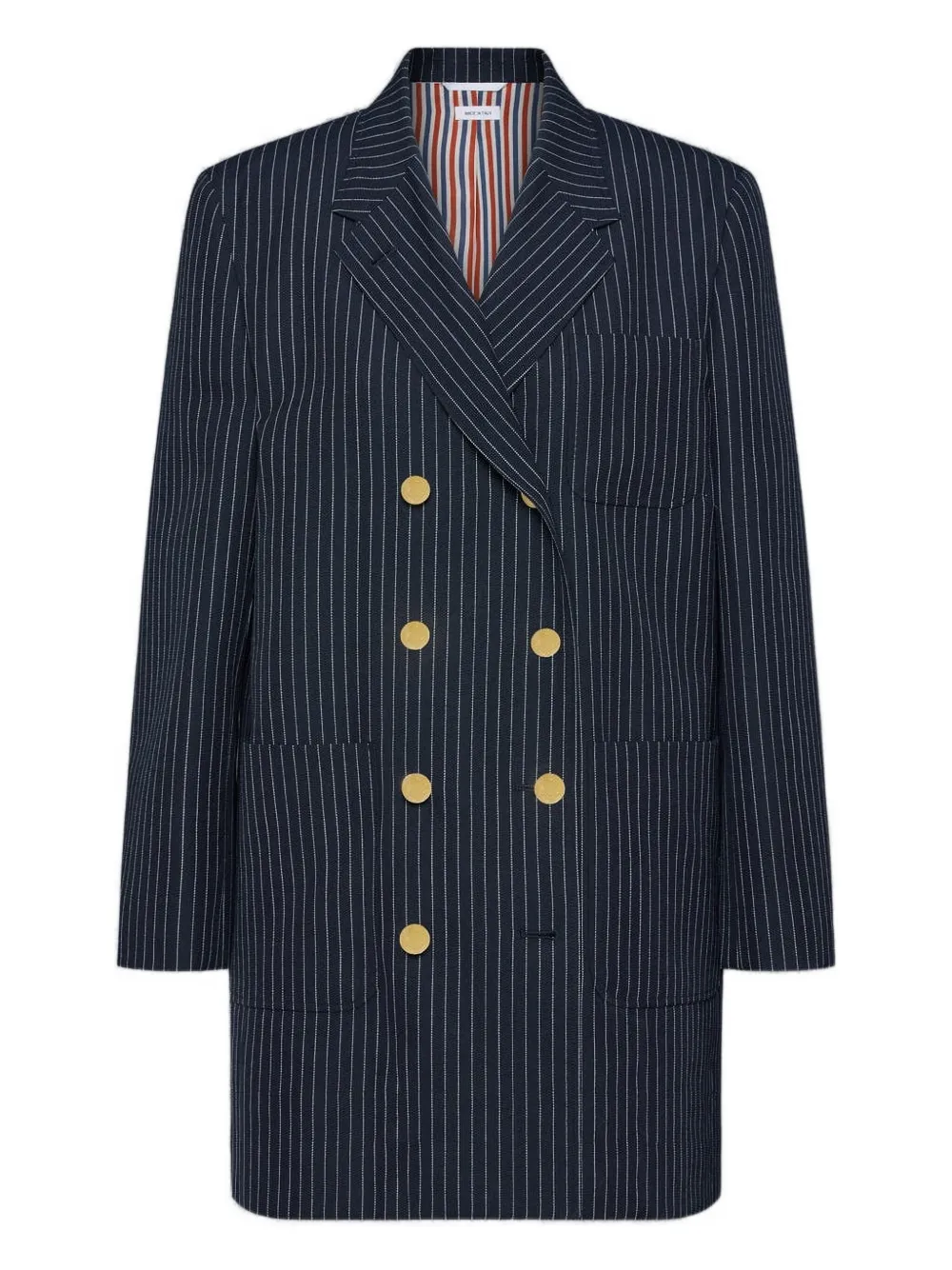 

Двубортный пиджак в тонкую полоску THOM BROWNE, синий
