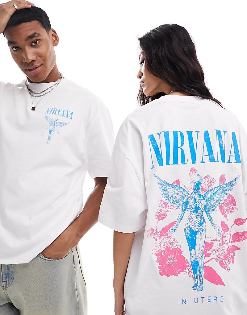 

Белая футболка унисекс в стиле унисекс с графическим принтом ангелов Nirvana ASOS DESIGN