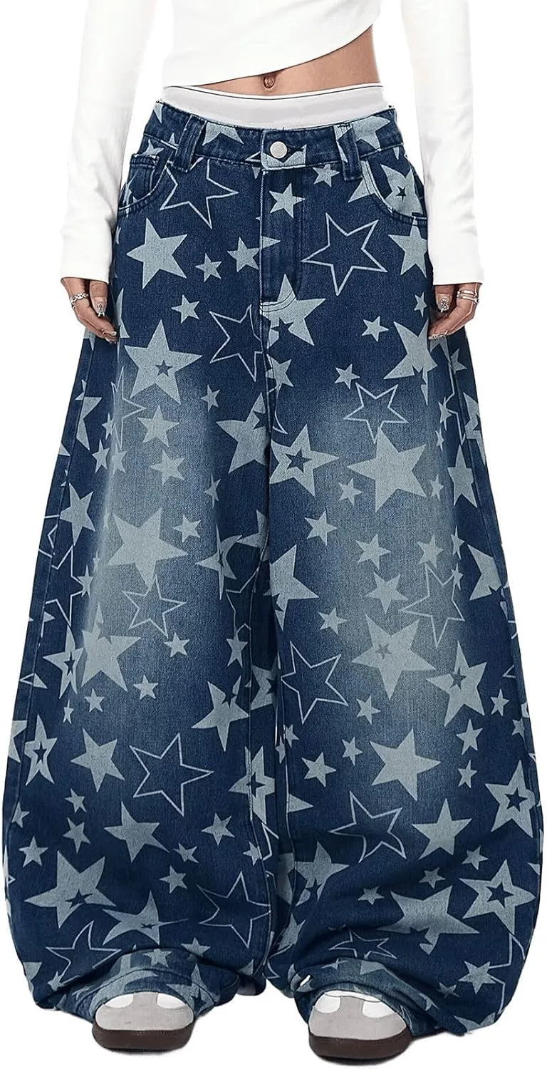 

Джинсы женские High-Waisted Baggy Wide-Leg с принтом звезд FEUSEUZ