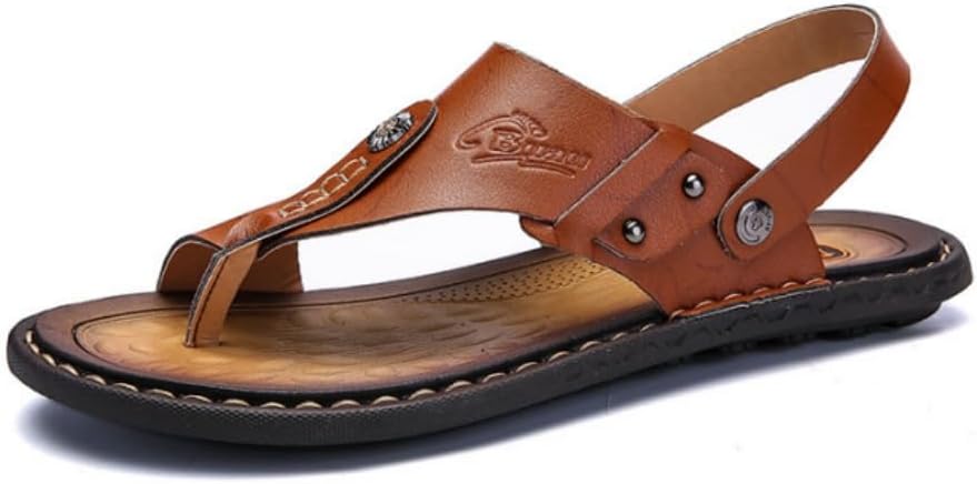 

Мужские сандалии для дома и улицы, пляжные шлепанцы, мягкие летние повседневные вьетнамки из кожи, с застежкой «слип-он», двустороннее использование, спортивные шлепанцы с кольцом для пальца Tangdao, коричневый