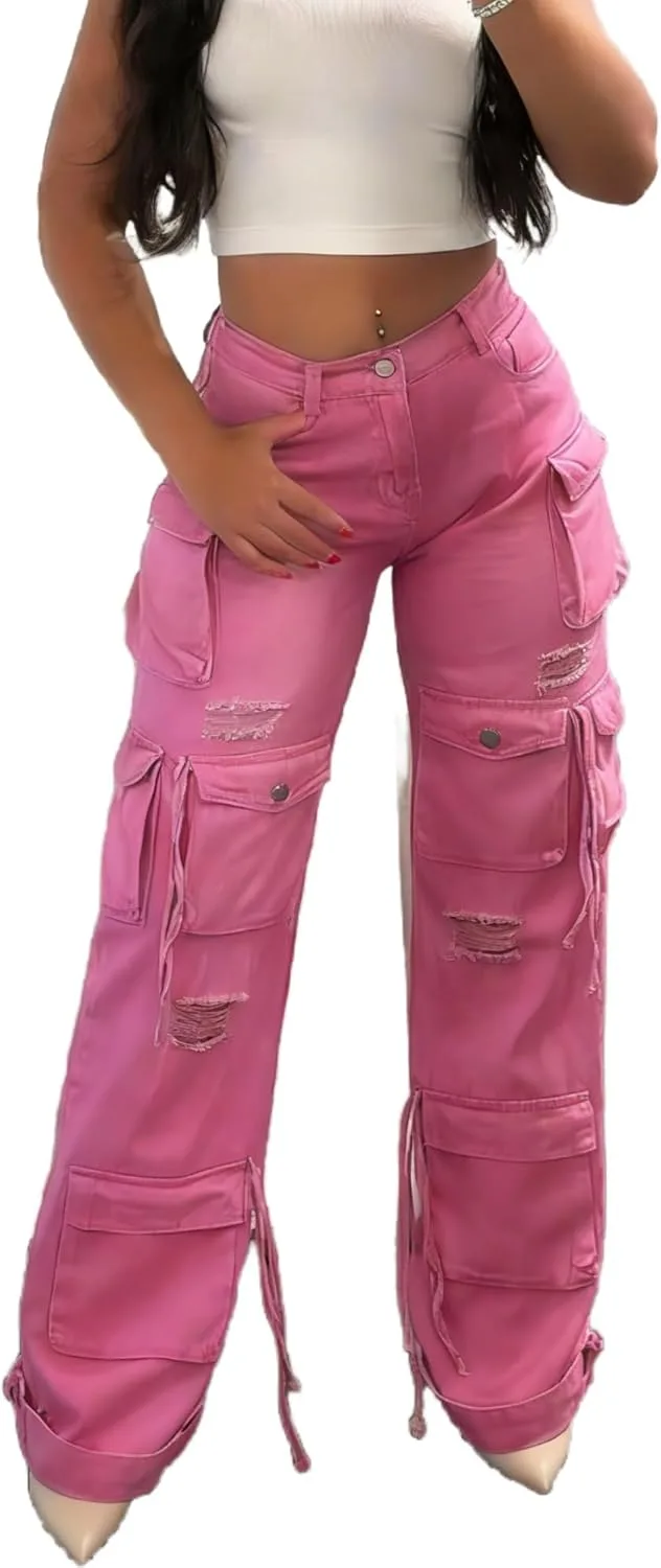 

Vaceky джинсы baggy women straight leg Y2K distressed cargo joggers с карманами