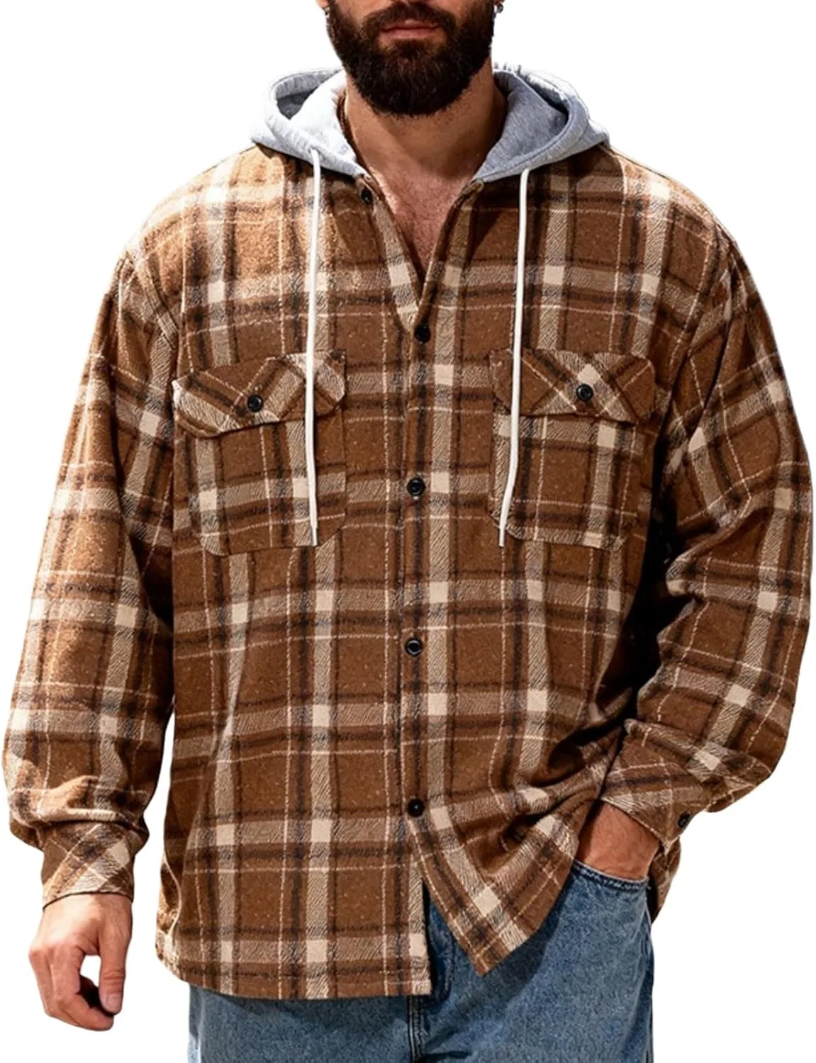 

Мужская толстовка с капюшоном и карманом, в клетку, на пуговицах evzosrz