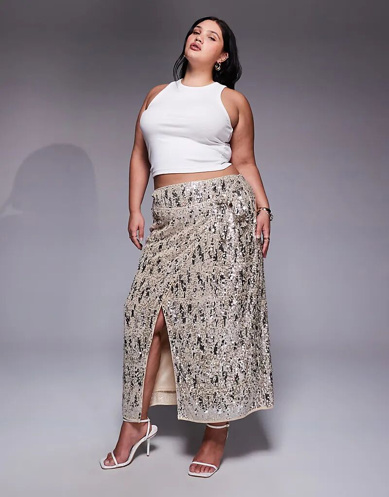 

Юбка миди с запахом и комбинированными пайетками ASOS DESIGN Curve цвета шампанского