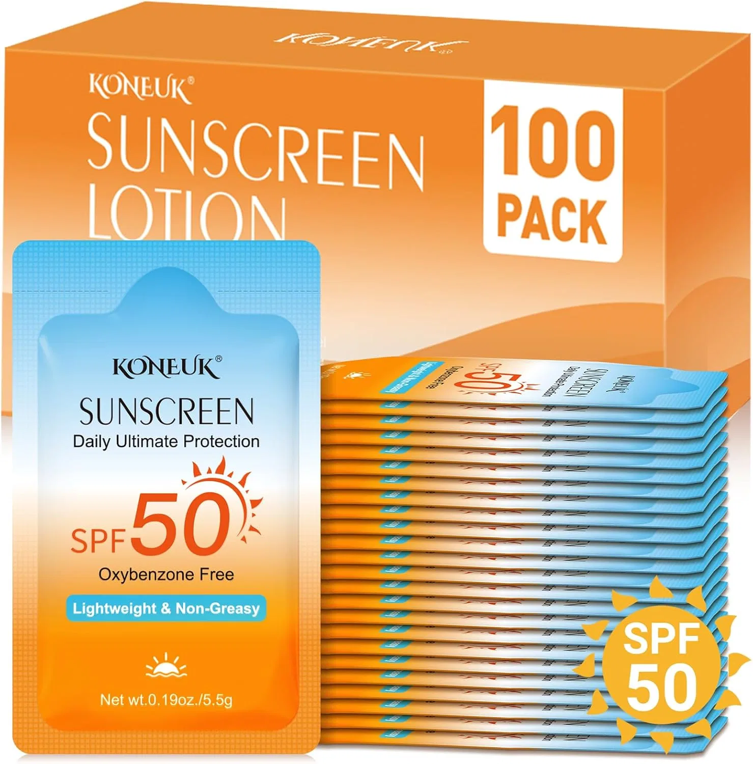 Солнцезащитный крем для лица и тела SPF 50 KONEUK 100 пакетиков по 0.4 унции