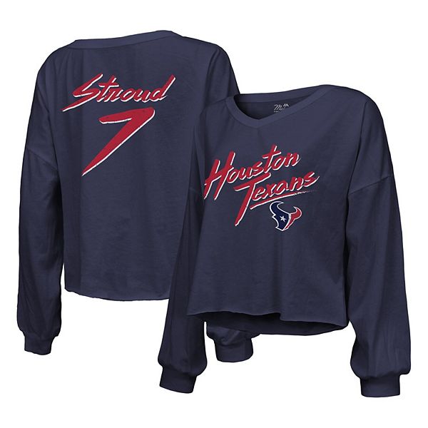 

Женская футболка с длинным рукавом и открытыми плечами cj stroud navy houston texans Majestic Threads