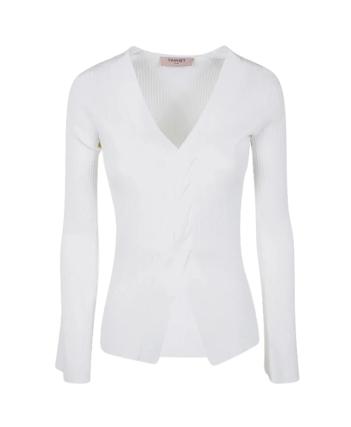 

Топ с V-образным вырезом и длинными рукавами в рубчик Twinset, белый
