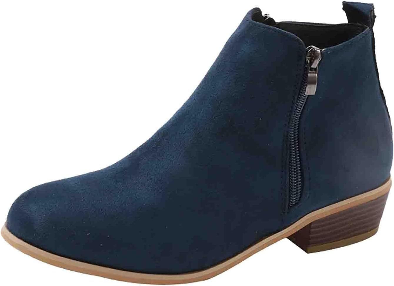 

Женские ботильоны на низком каблуке для повседневного ношения, зауженные носки, на молнии, стильные короткие западные ботинки, низкий плоский каблук, зимние ботинки на боковой молнии Kvotuu, синий