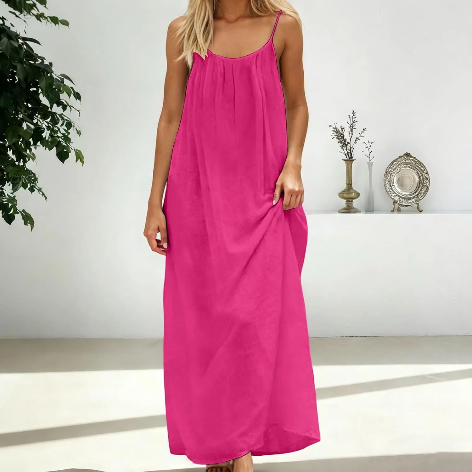 Платье-ками Backless, однотонное без рукавов для женщин, струящееся макси-платье для летнего пляжного отдыха, повседневное длинное сарафан Generic, розовый — фото 2