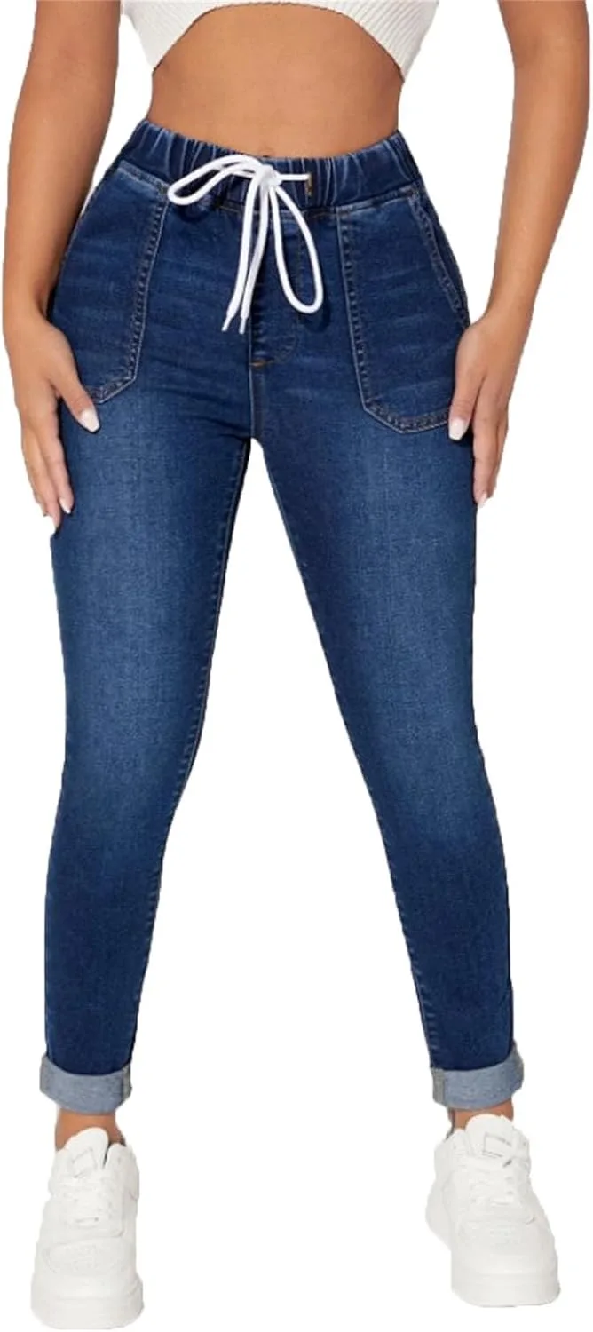 

Женские джинсы скинни с завязками темно-синие эластичные slim fit