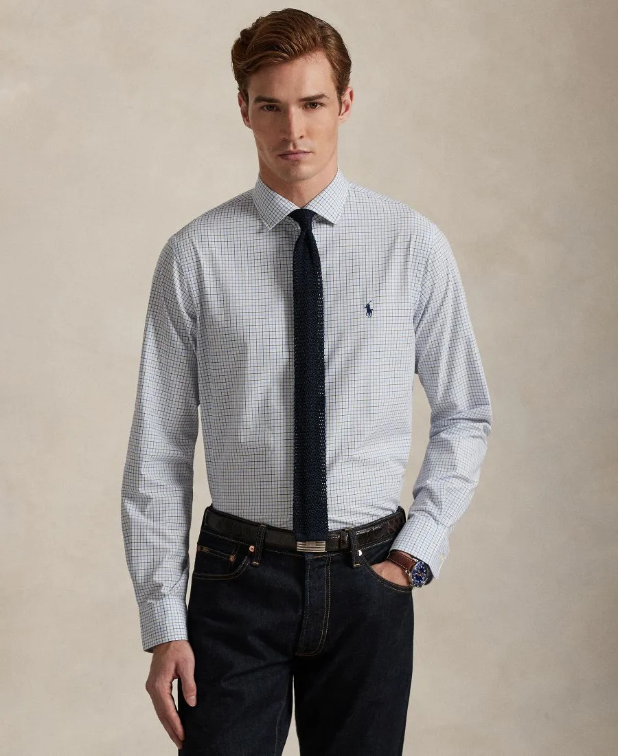 Мужская облегающая эластичная рубашка Polo Ralph Lauren, белый синий мультиколор
