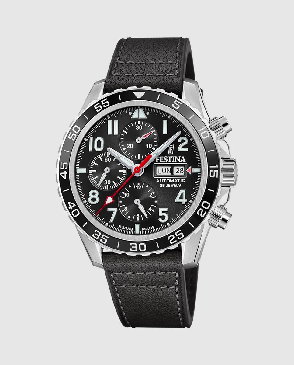 

F20056/3 Швейцарские автоматические мужские часы из черной кожи Festina, черный